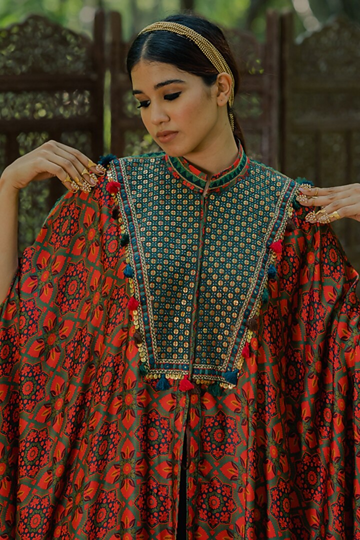 Multi-Colored Cotton Satin Printed & Embroidered Kaftan Set by Pooja & Keyur at Pernia's Pop Up Shop