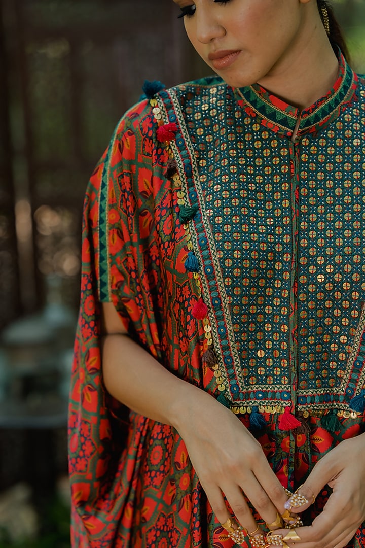 Multi-Colored Cotton Satin Printed & Embroidered Kaftan Set by Pooja & Keyur at Pernia's Pop Up Shop