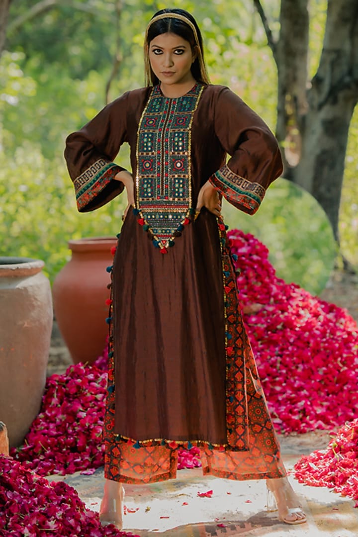 Multi-Colored Cotton Silk Printed Kurta Set With Overlay by Pooja & Keyur at Pernia's Pop Up Shop