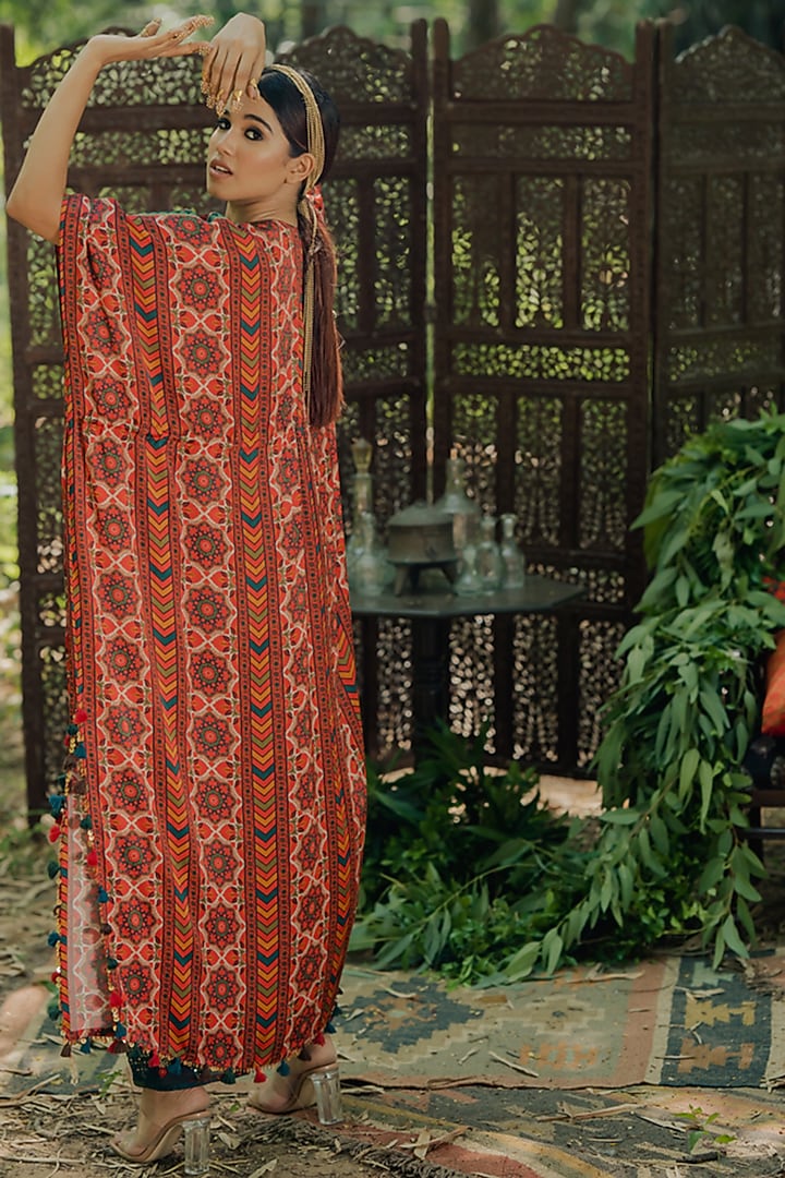Multi-Colored Cotton Satin Printed & Embroidered Kaftan Set by Pooja & Keyur at Pernia's Pop Up Shop