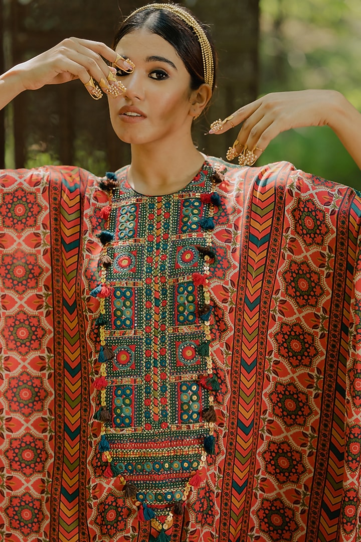 Multi-Colored Cotton Satin Printed & Embroidered Kaftan Set by Pooja & Keyur at Pernia's Pop Up Shop