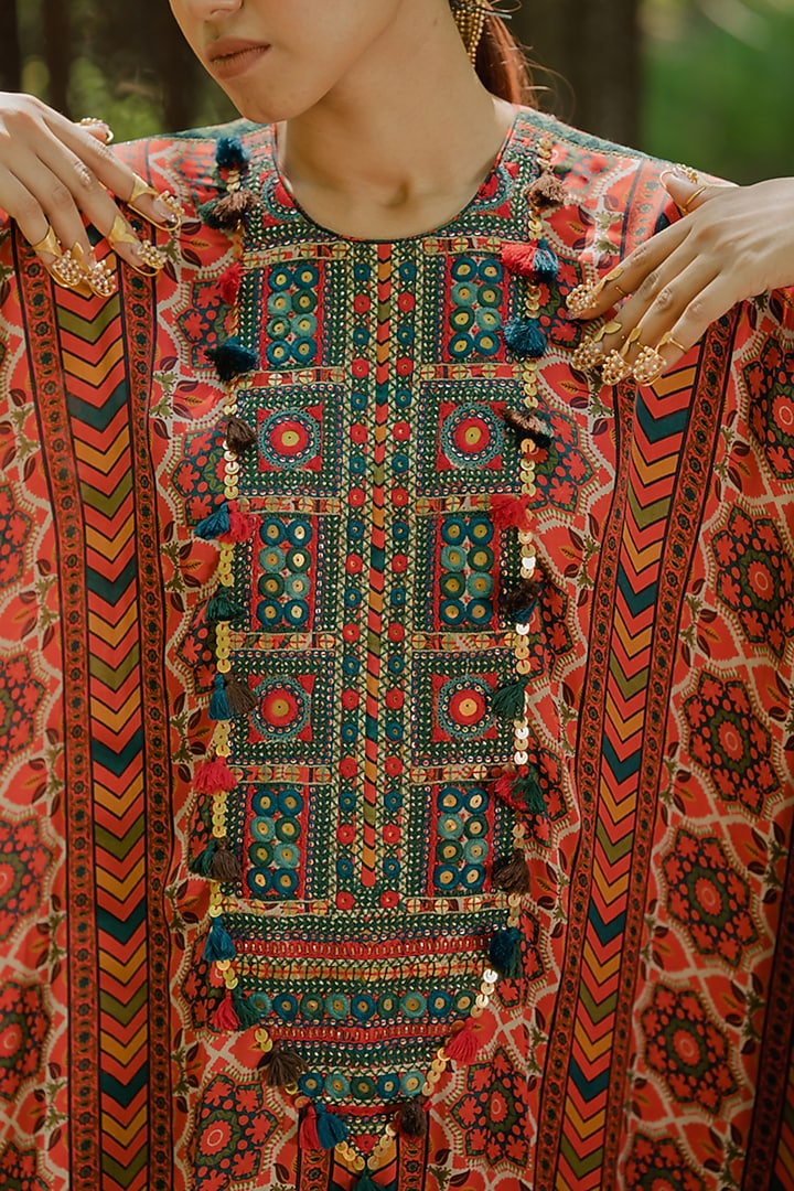 Multi-Colored Cotton Satin Printed & Embroidered Kaftan Set by Pooja & Keyur at Pernia's Pop Up Shop