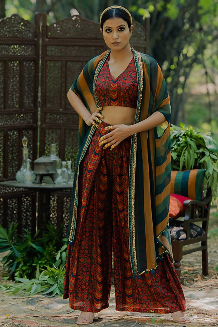 Multi-Colored Organza Printed Cape Set by Pooja & Keyur at Pernia's Pop Up Shop