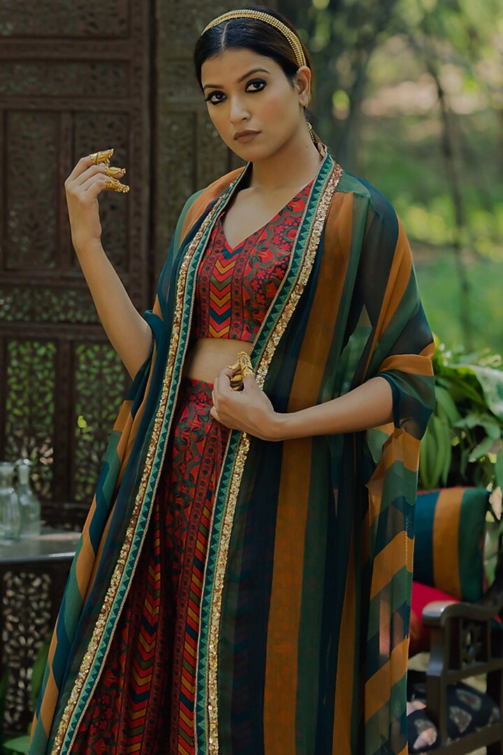 Multi-Colored Organza Printed Cape Set by Pooja & Keyur at Pernia's Pop Up Shop