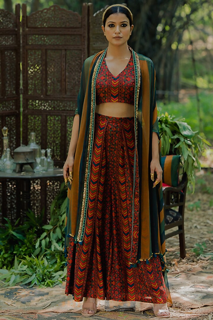 Multi-Colored Organza Printed Cape Set by Pooja & Keyur at Pernia's Pop Up Shop