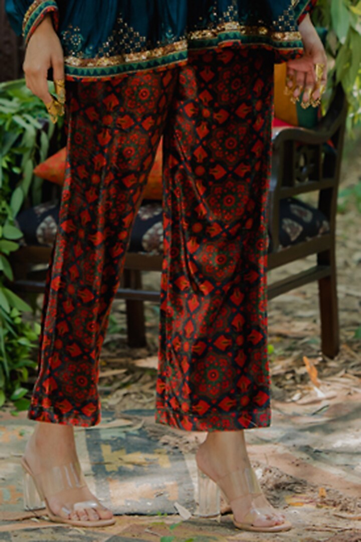 Brown Velvet Printed Pant Set by Pooja & Keyur at Pernia's Pop Up Shop