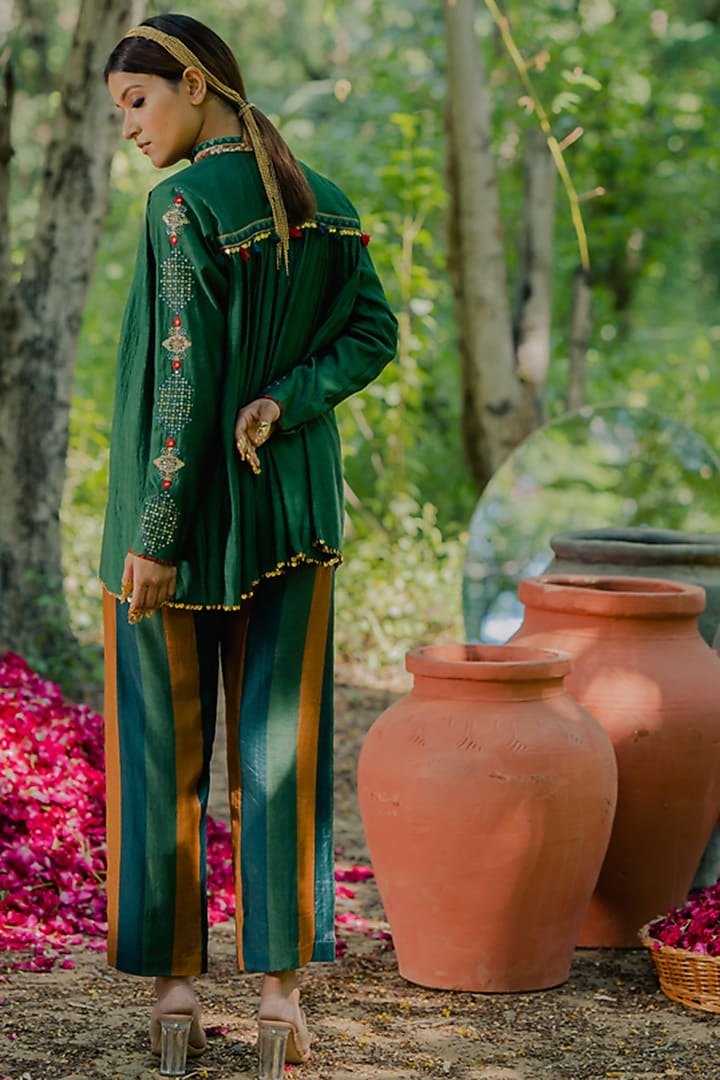 Green Cotton Silk Striped Printed Pant Set by Pooja & Keyur at Pernia's Pop Up Shop