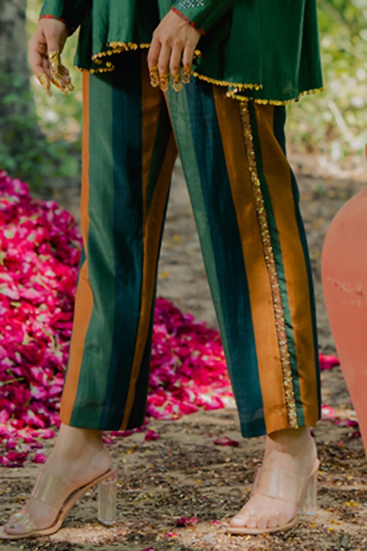 Green Cotton Silk Striped Printed Pant Set by Pooja & Keyur at Pernia's Pop Up Shop