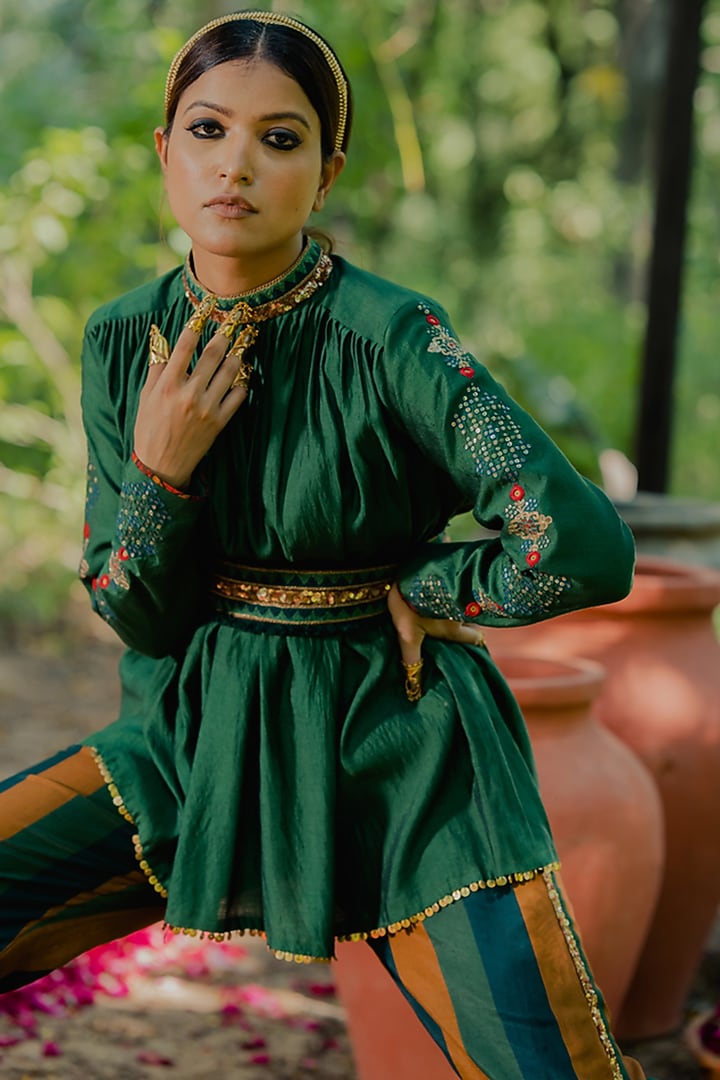 Green Cotton Silk Striped Printed Pant Set by Pooja & Keyur at Pernia's Pop Up Shop
