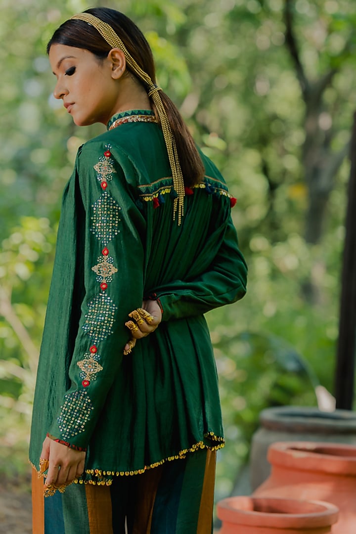 Green Cotton Silk Striped Printed Pant Set by Pooja & Keyur at Pernia's Pop Up Shop