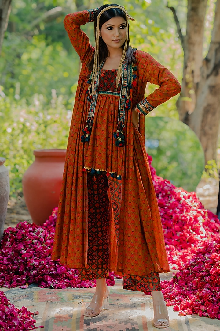 Mustard Cotton Silk Printed & Embroidered CoOrd Set Design by Pooja