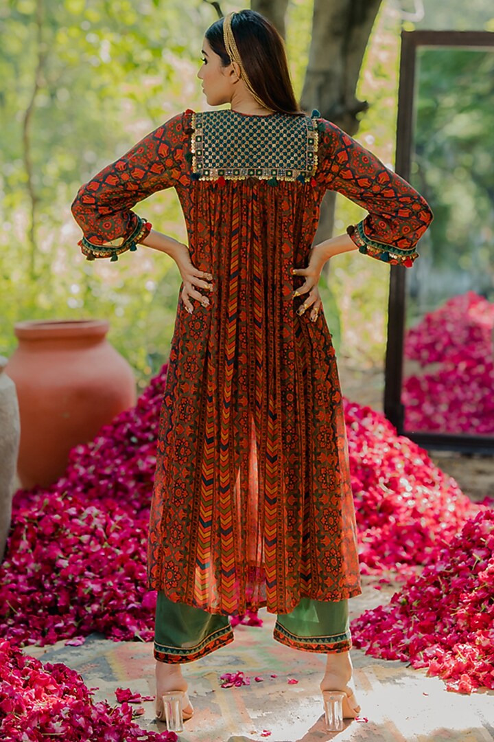 Multi-Colored Chiffon Printed Gathered Kurta Set by Pooja & Keyur at Pernia's Pop Up Shop