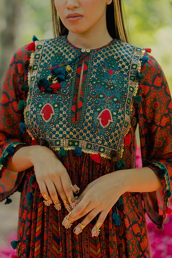 Multi-Colored Chiffon Printed Gathered Kurta Set by Pooja & Keyur at Pernia's Pop Up Shop