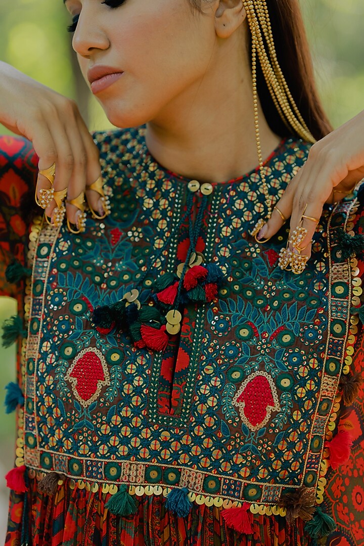 Multi-Colored Chiffon Printed Gathered Kurta Set by Pooja & Keyur at Pernia's Pop Up Shop