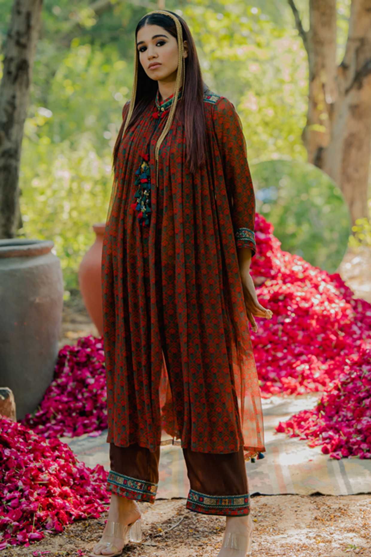 Multi-Colored Chiffon Printed Gathered Kurta Set by Pooja & Keyur