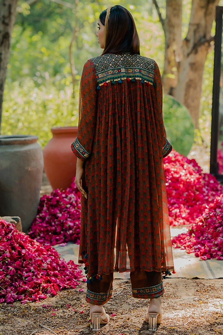 Multi-Colored Chiffon Printed Gathered Kurta Set by Pooja & Keyur at Pernia's Pop Up Shop