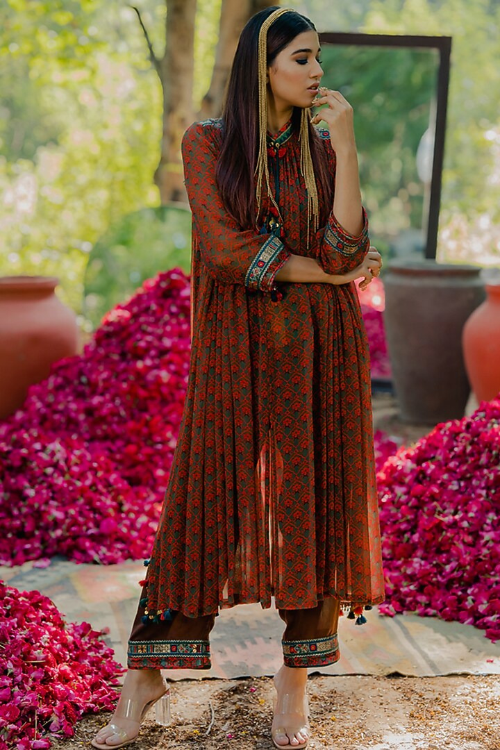 Multi-Colored Chiffon Printed Gathered Kurta Set by Pooja & Keyur at Pernia's Pop Up Shop