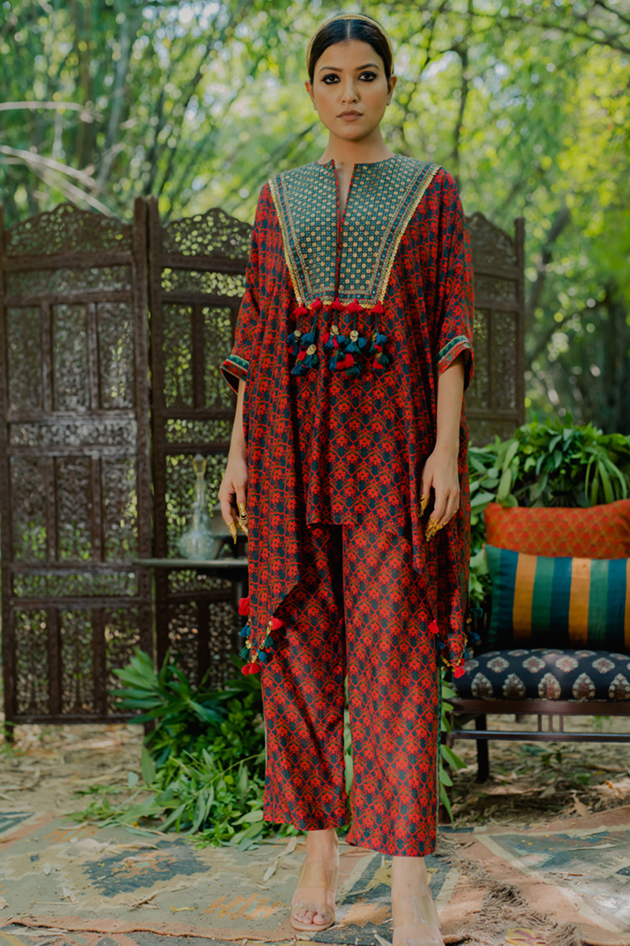 Multi-Colored Cotton Satin Printed Kaftan Set by Pooja & Keyur at Pernia's Pop Up Shop