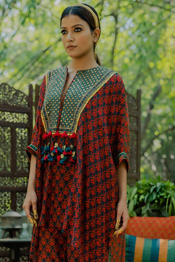 Multi-Colored Cotton Satin Printed Kaftan Set by Pooja & Keyur at Pernia's Pop Up Shop