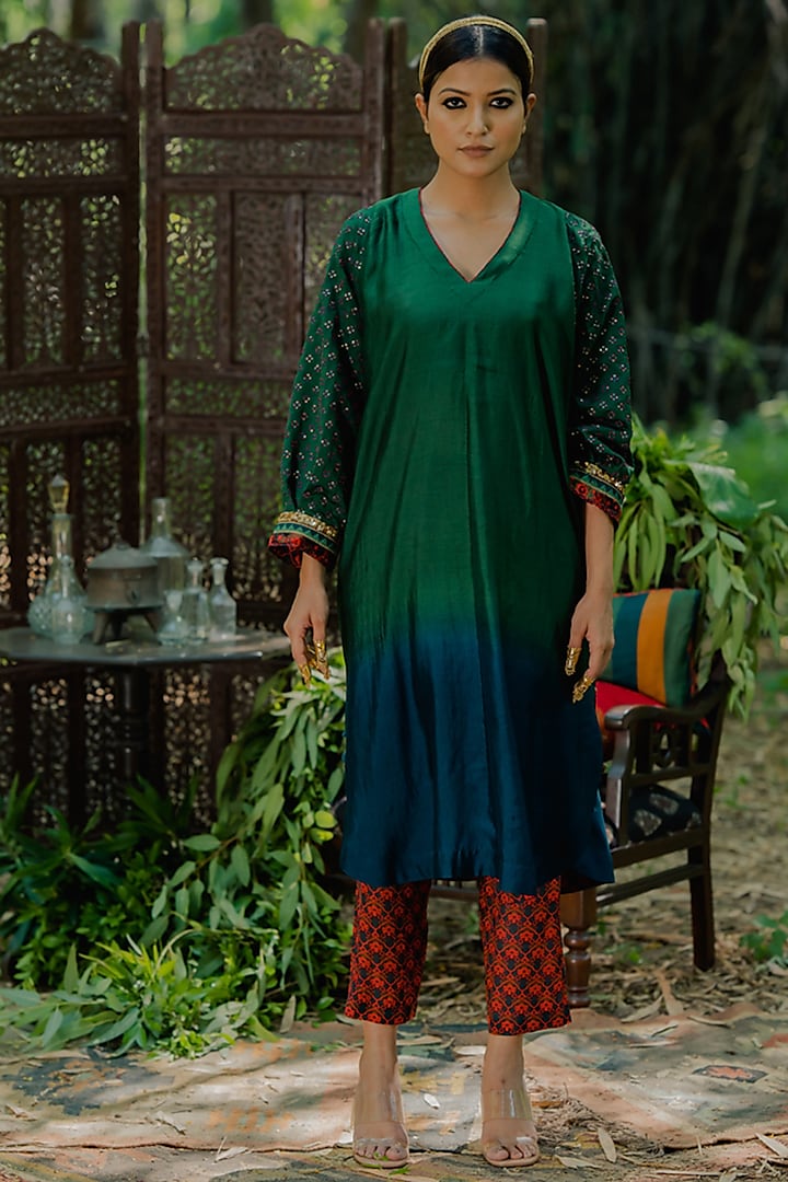 Green & Blue Cotton Silk Embroidered Kurta Set by Pooja & Keyur