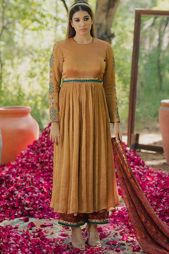 Mustard Tissue Embroidered Wedding Anarkali Set by Pooja & Keyur at Pernia's Pop Up Shop