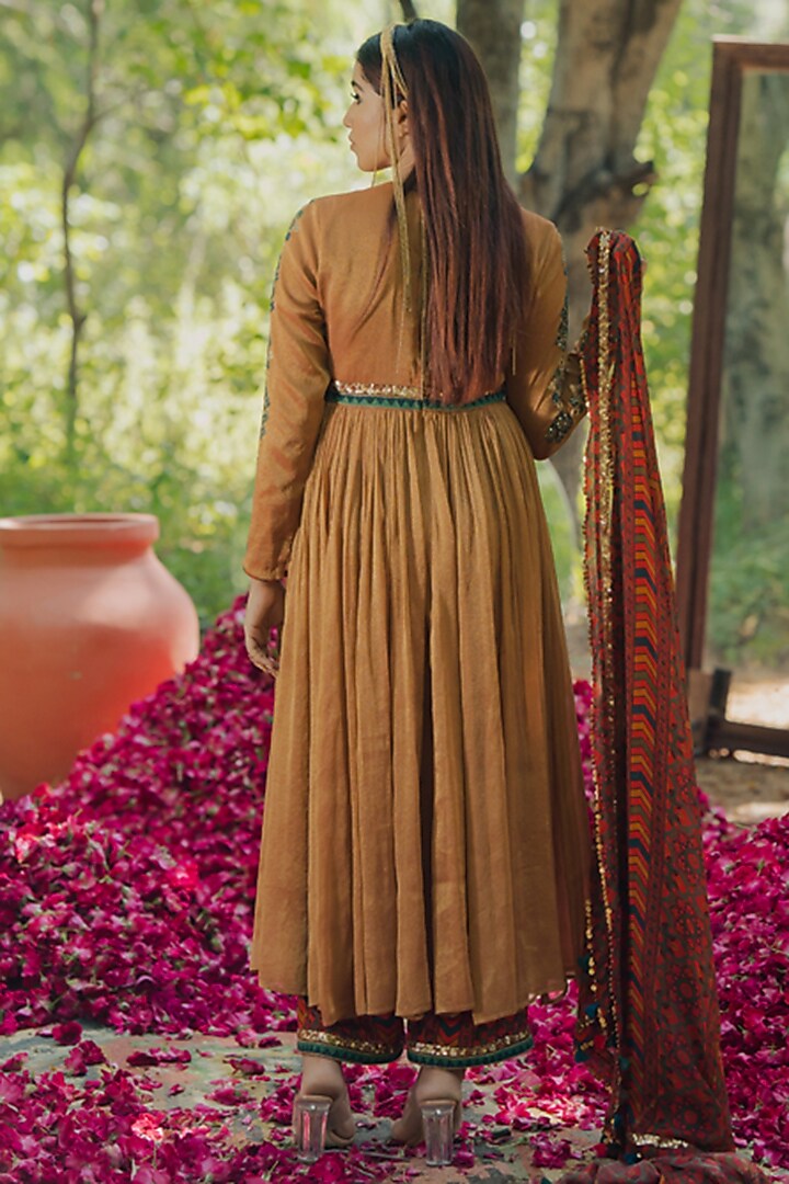 Mustard Tissue Embroidered Wedding Anarkali Set by Pooja & Keyur at Pernia's Pop Up Shop