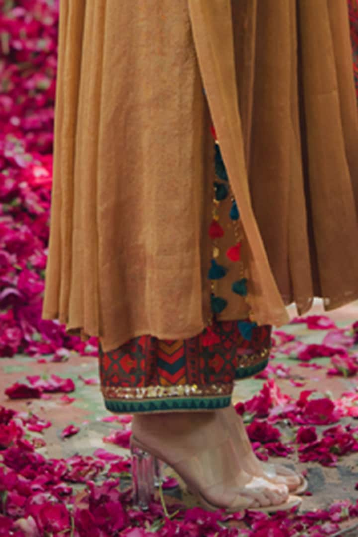 Mustard Tissue Embroidered Wedding Anarkali Set by Pooja & Keyur at Pernia's Pop Up Shop