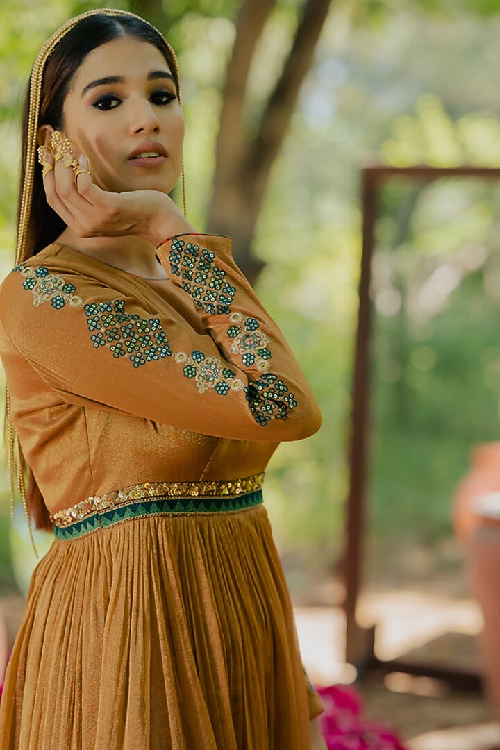 Mustard Tissue Embroidered Wedding Anarkali Set by Pooja & Keyur at Pernia's Pop Up Shop