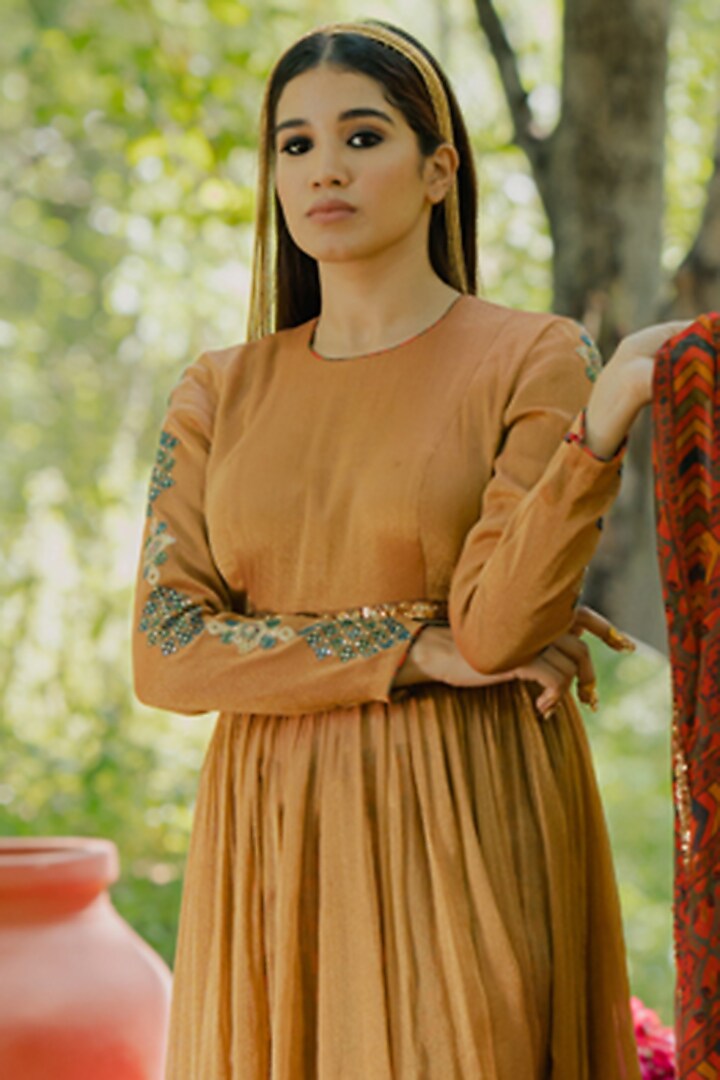 Mustard Tissue Embroidered Wedding Anarkali Set by Pooja & Keyur at Pernia's Pop Up Shop