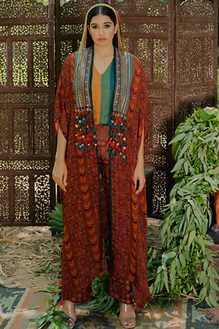 Multi-Colored Organza Printed & Embroidered Cape Set by Pooja & Keyur at Pernia's Pop Up Shop