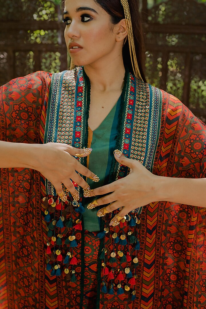 Multi-Colored Organza Printed & Embroidered Cape Set by Pooja & Keyur at Pernia's Pop Up Shop