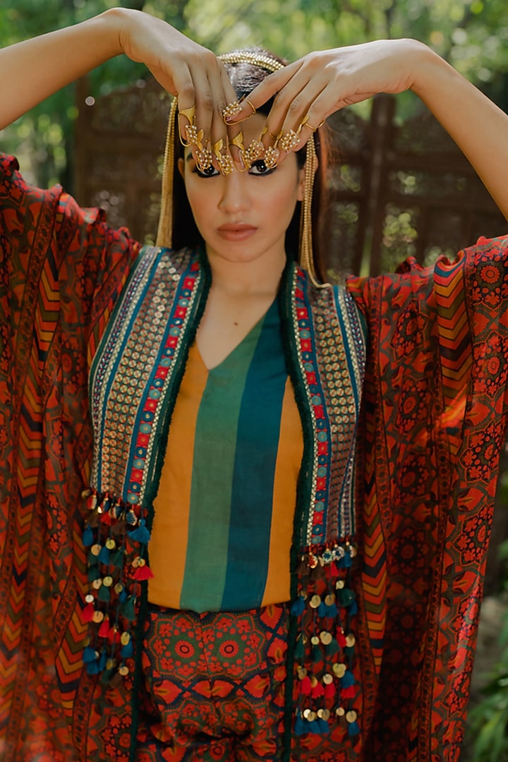Multi-Colored Organza Printed & Embroidered Cape Set by Pooja & Keyur at Pernia's Pop Up Shop