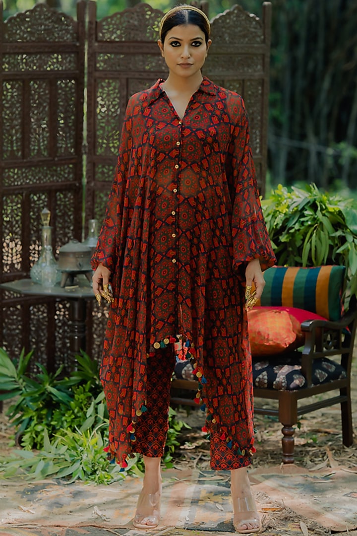 Brown Chiffon & Cotton Silk Printed Co-Ord Set by Pooja & Keyur at Pernia's Pop Up Shop