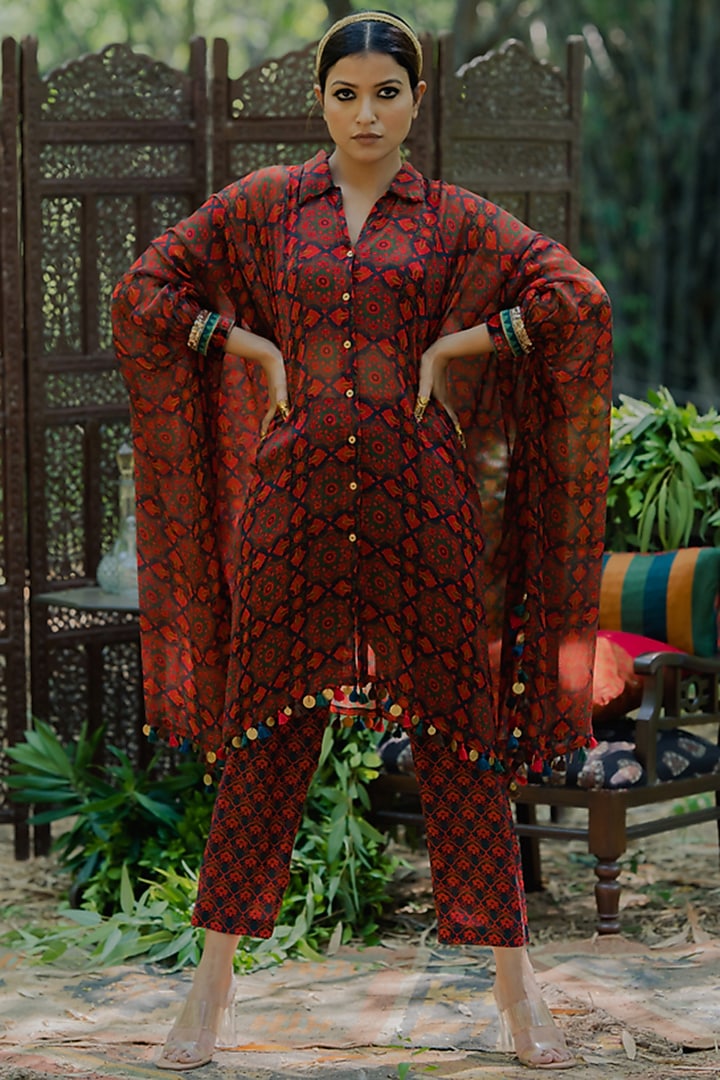 Brown Chiffon & Cotton Silk Printed Co-Ord Set by Pooja & Keyur at Pernia's Pop Up Shop