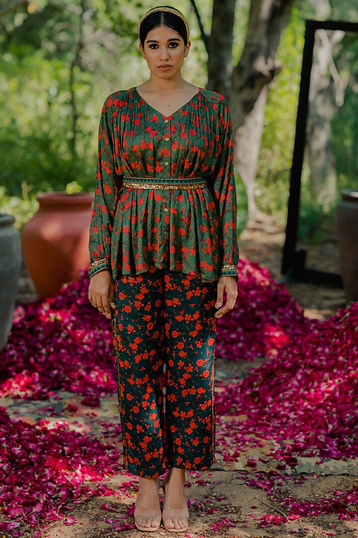 Multi-Colored Cotton Satin Printed & Aari Embroidered Pant Set by Pooja & Keyur at Pernia's Pop Up Shop