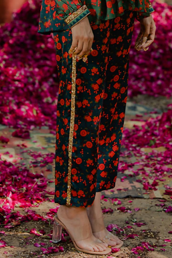 Multi-Colored Cotton Satin Printed & Aari Embroidered Pant Set by Pooja & Keyur at Pernia's Pop Up Shop