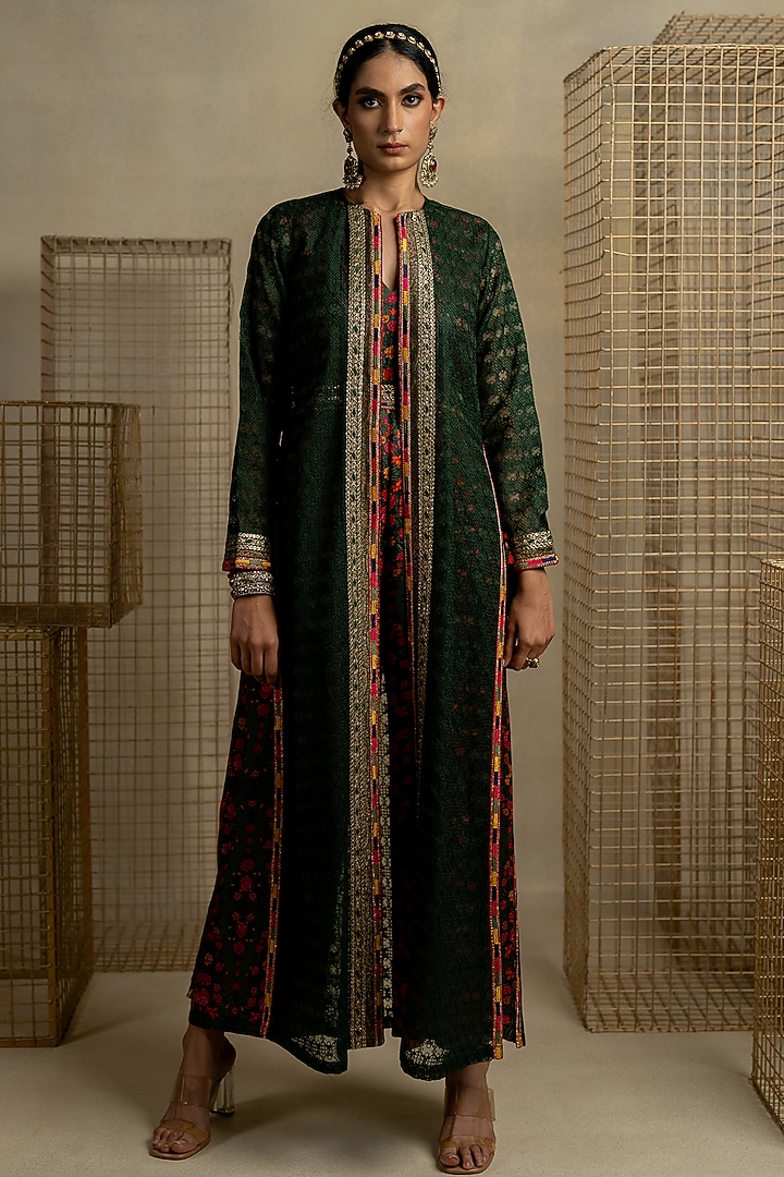 Mehendi Green Cotton Satin Jumpsuit With Jacket by Pooja & Keyur at Pernia's Pop Up Shop