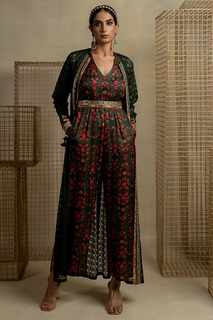 Mehendi Green Cotton Satin Jumpsuit With Jacket by Pooja & Keyur at Pernia's Pop Up Shop