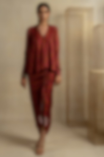 Brown Cotton Satin Bagh Printed Skirt Set by Pooja & Keyur at Pernia's Pop Up Shop