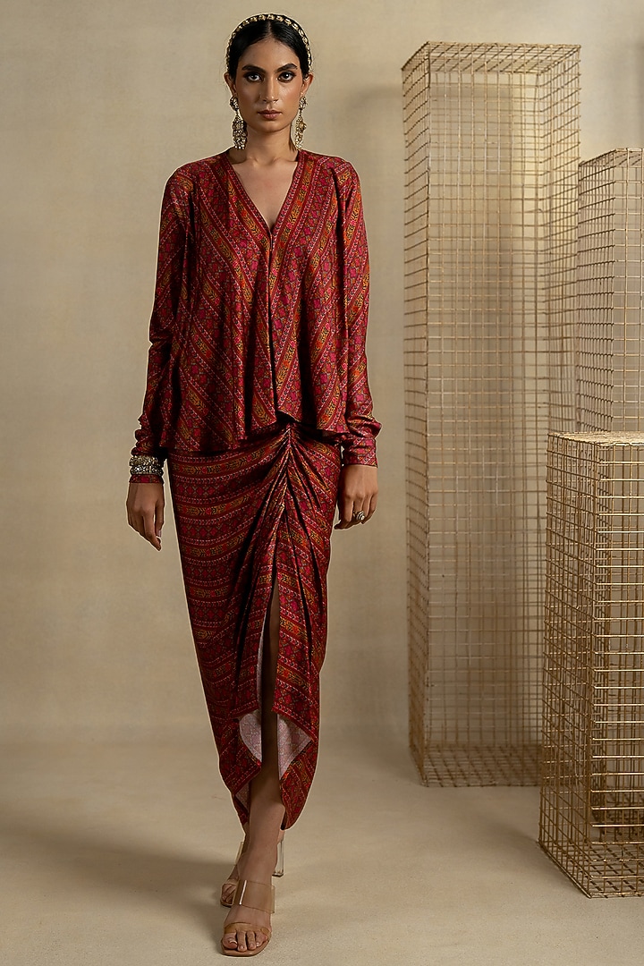 Brown Cotton Satin Bagh Printed Skirt Set by Pooja & Keyur at Pernia's Pop Up Shop