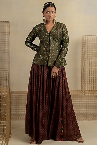 Mehendi Green Brocade Aari Embroidered Jacket Set by Pooja & Keyur