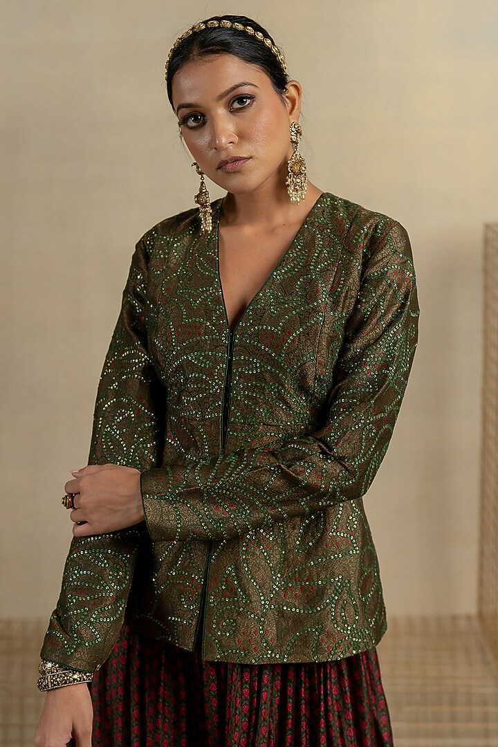 Mehendi Green Brocade Aari Embroidered Jacket Set by Pooja & Keyur at Pernia's Pop Up Shop