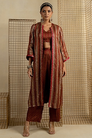Red Cotton Satin Aari Embroidered Jacket by Pooja & Keyur