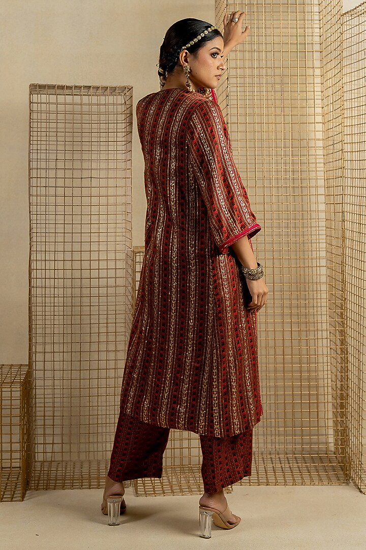 Red Cotton Satin Aari Embroidered Jacket by Pooja & Keyur at Pernia's Pop Up Shop