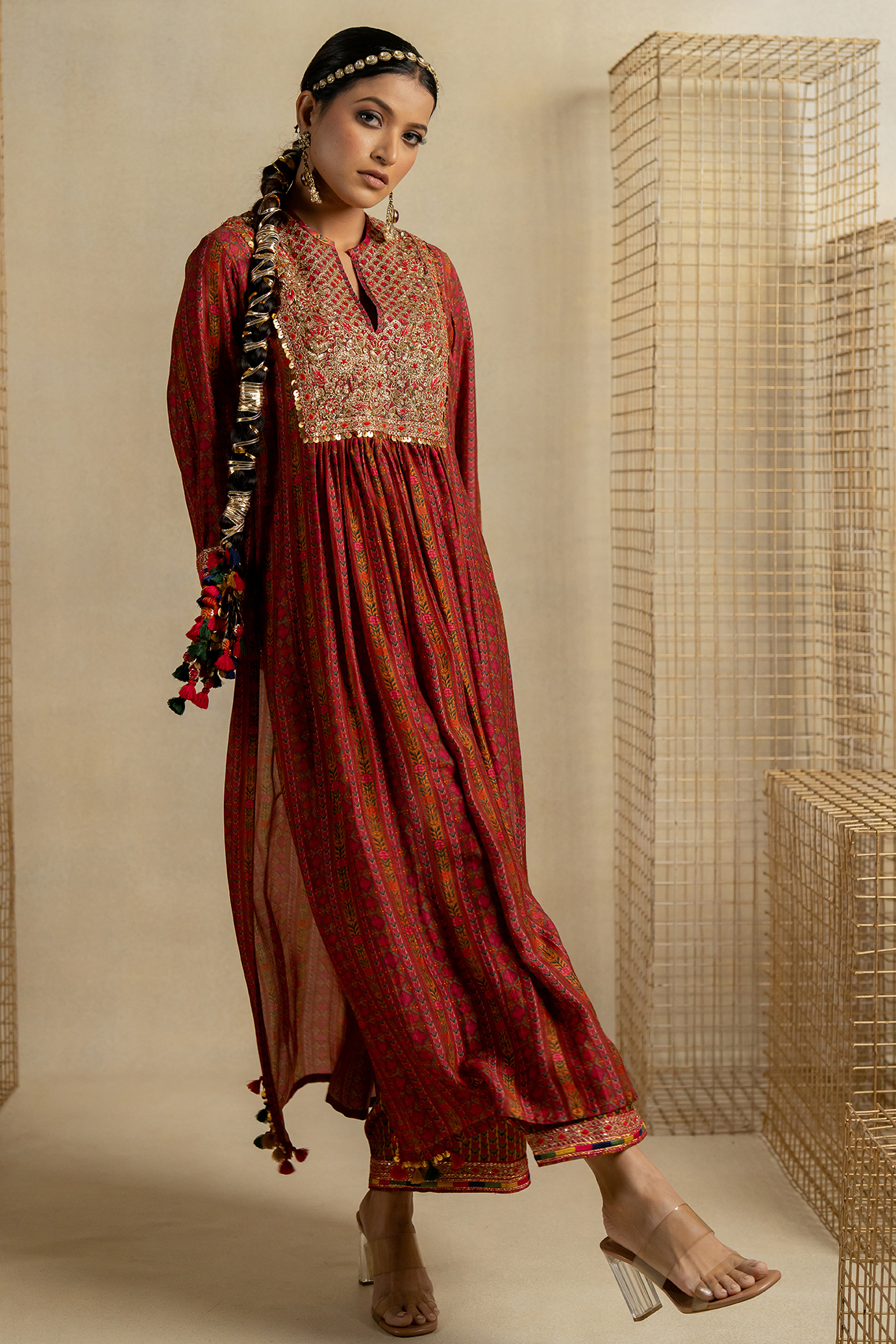 Rust Silk Aari Embroidered Kurta Set by Pooja & Keyur