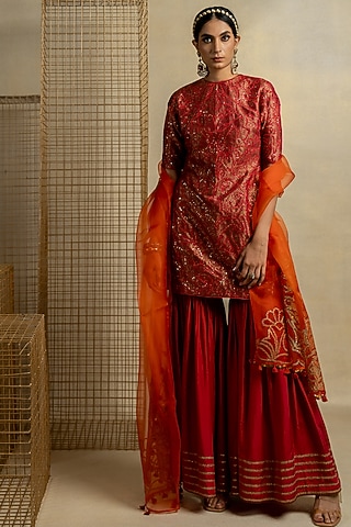 Orange Organza Aari Embroidered Dupatta by Pooja & Keyur