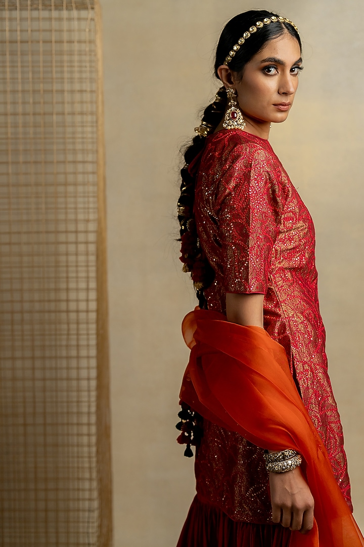 Orange Organza Aari Embroidered Dupatta by Pooja & Keyur at Pernia's Pop Up Shop