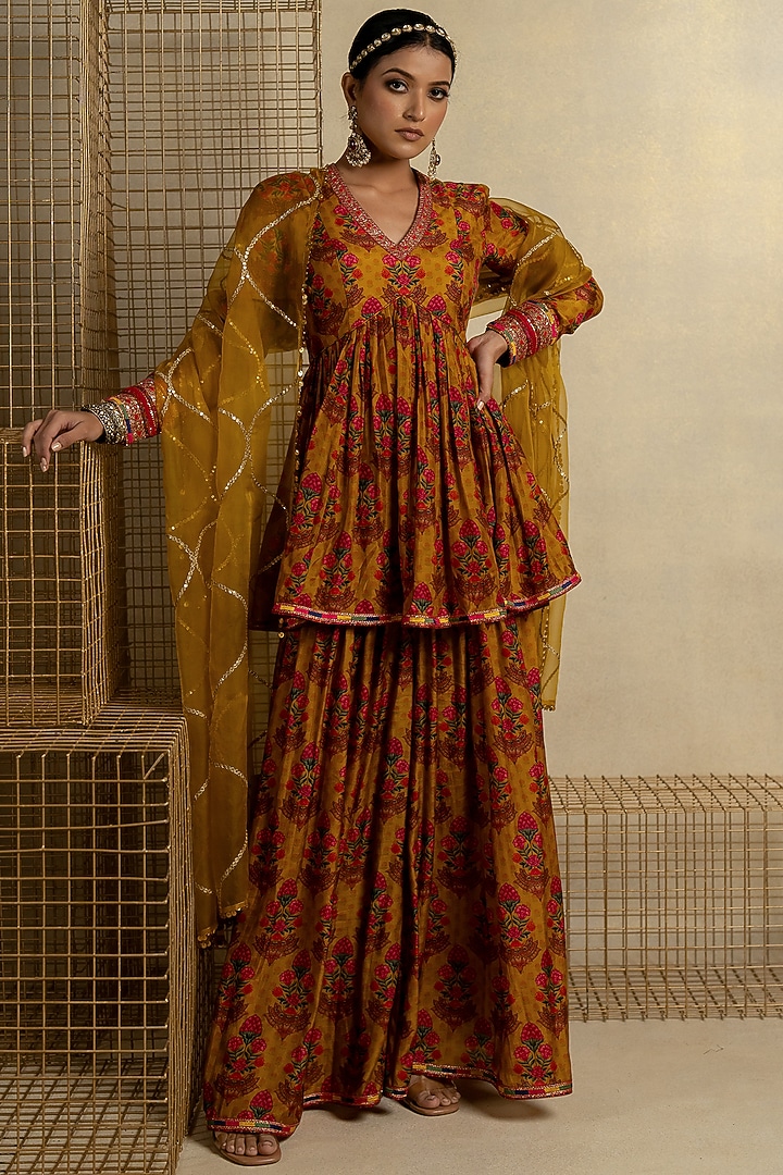 Mustard Cotton Silk Wedding Sharara Set by Pooja & Keyur at Pernia's Pop Up Shop