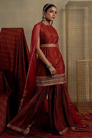 Maroon Organza Aari Embroidered Dupatta by Pooja & Keyur
