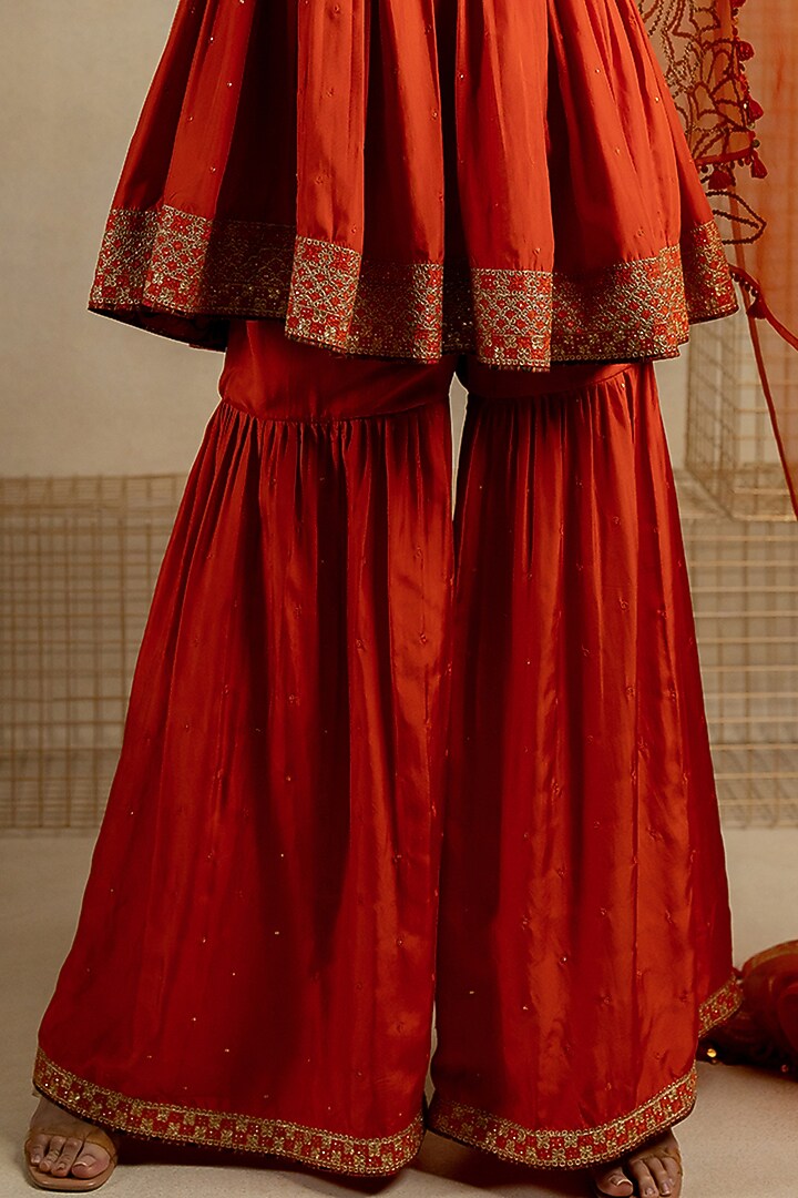 Orange Silk Aari Embroidered Wedding Anarkali Set by Pooja & Keyur at Pernia's Pop Up Shop